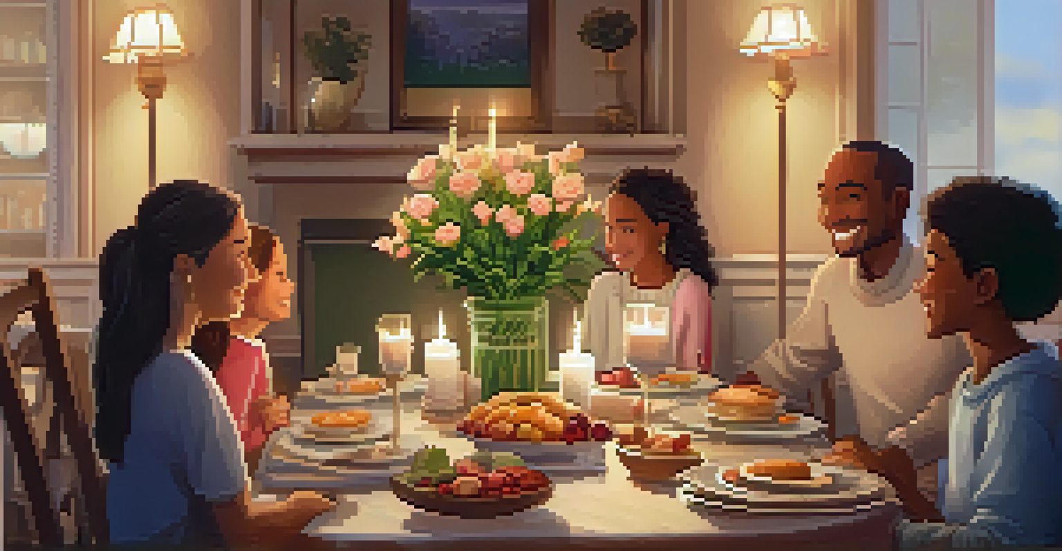 A cozy dining table with a gratitude journal and candle, surrounded by family sharing stories.