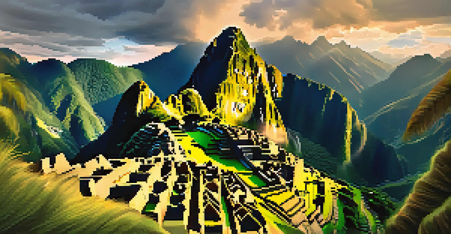A panoramic view of Machu Picchu, bathed in sunlight with hikers exploring the ancient ruins amidst green mountains.