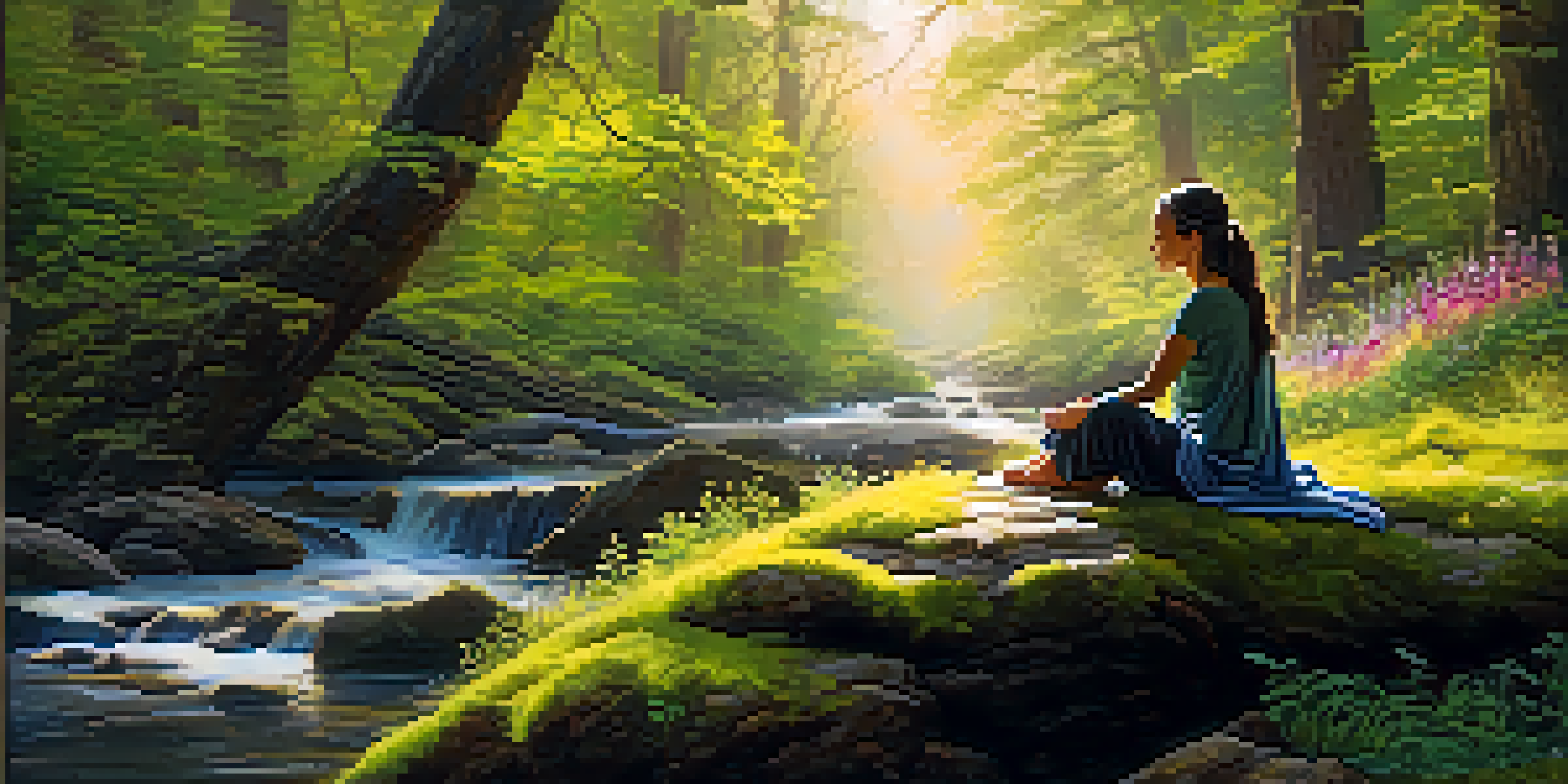 A peaceful forest scene with a person meditating on a rock, surrounded by sunlight and wildflowers.