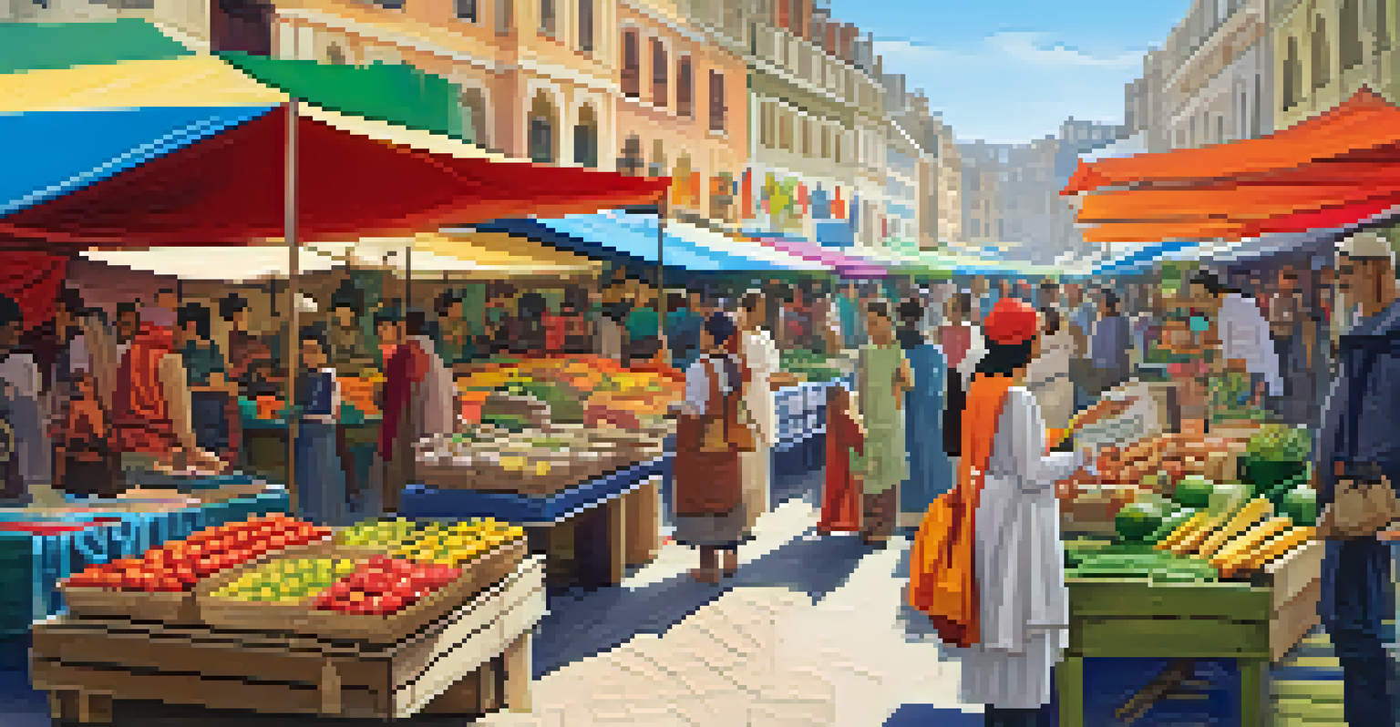 A lively marketplace with vendors selling ethical products and shoppers interacting, showcasing a sense of community and sustainability.