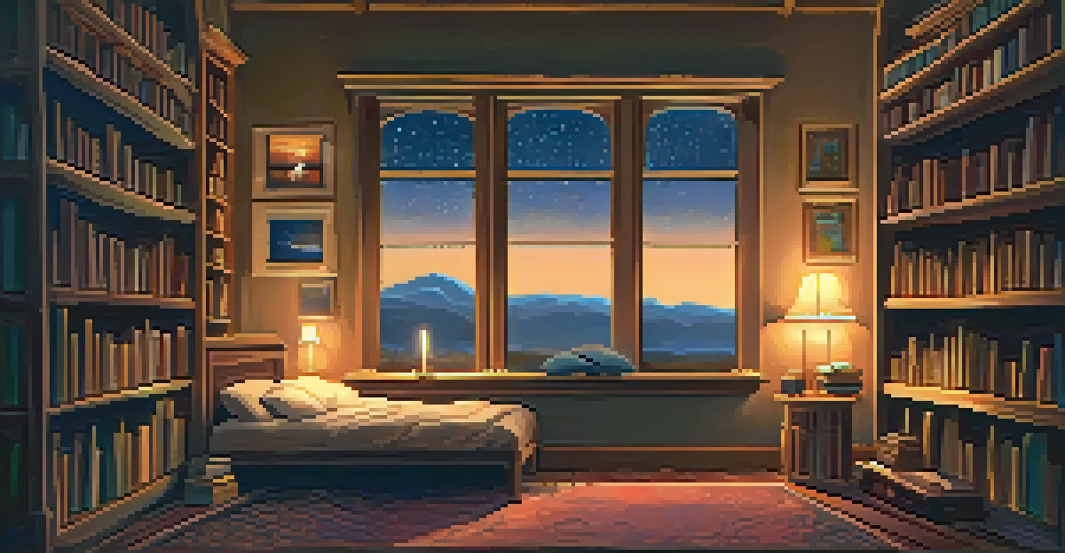 A warm room with candlelight where a person writes in a dream journal, surrounded by cozy decor and a starry night view.