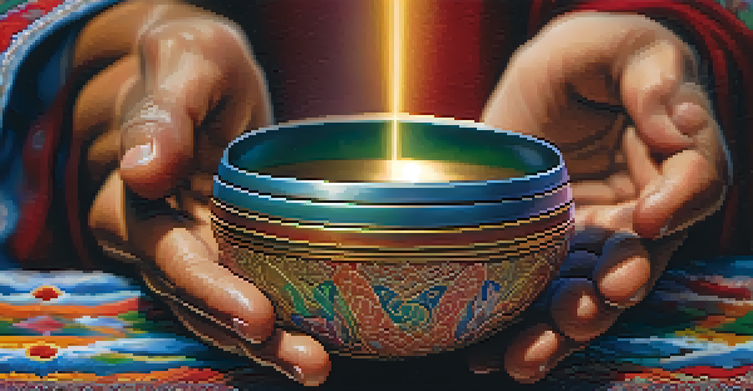 A close-up of hands holding a Tibetan singing bowl, with colorful sound waves emanating from it.
