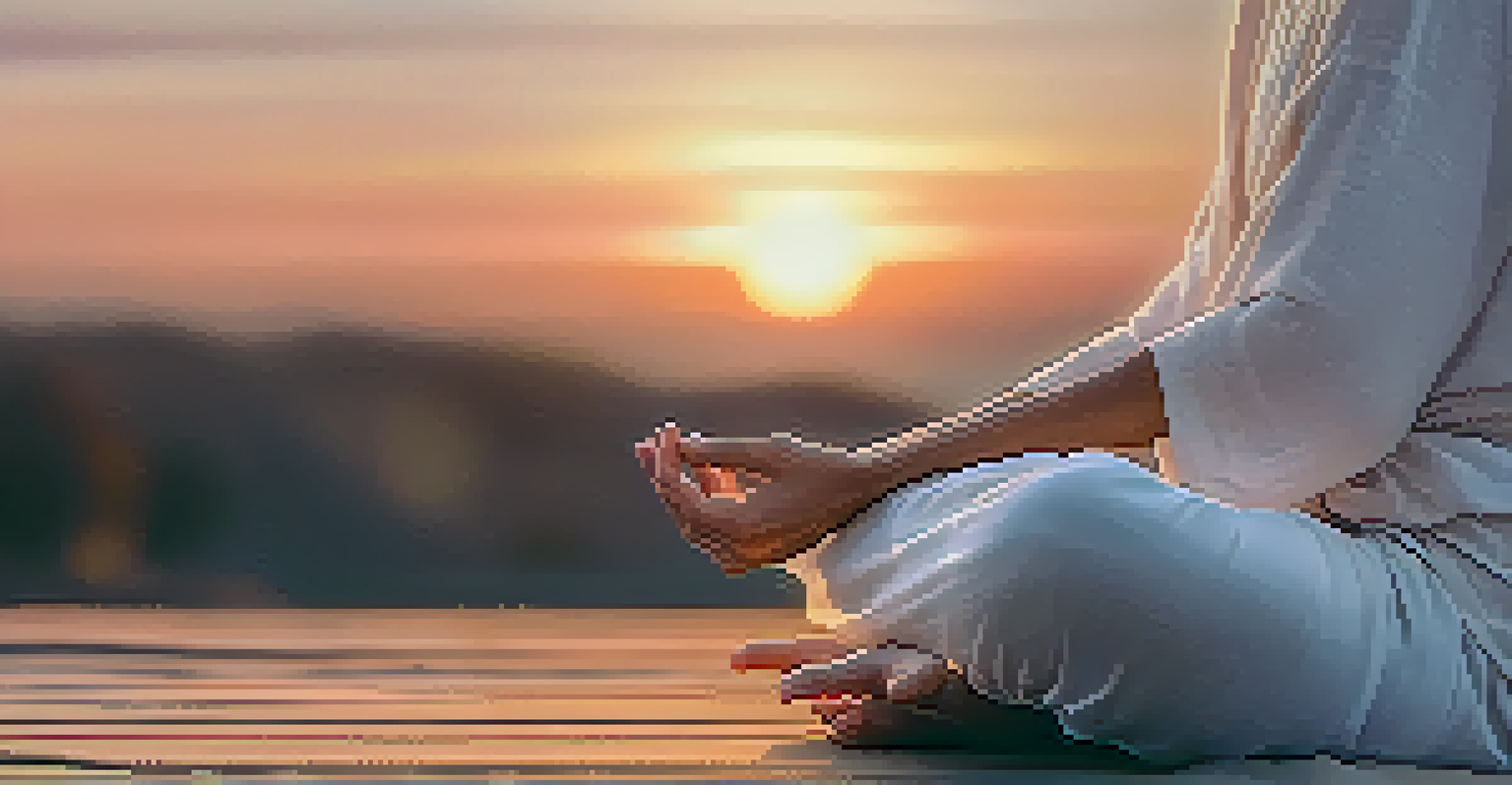 Close-up of a person’s hands on their knees during meditation, with a beautiful sunset in the background.