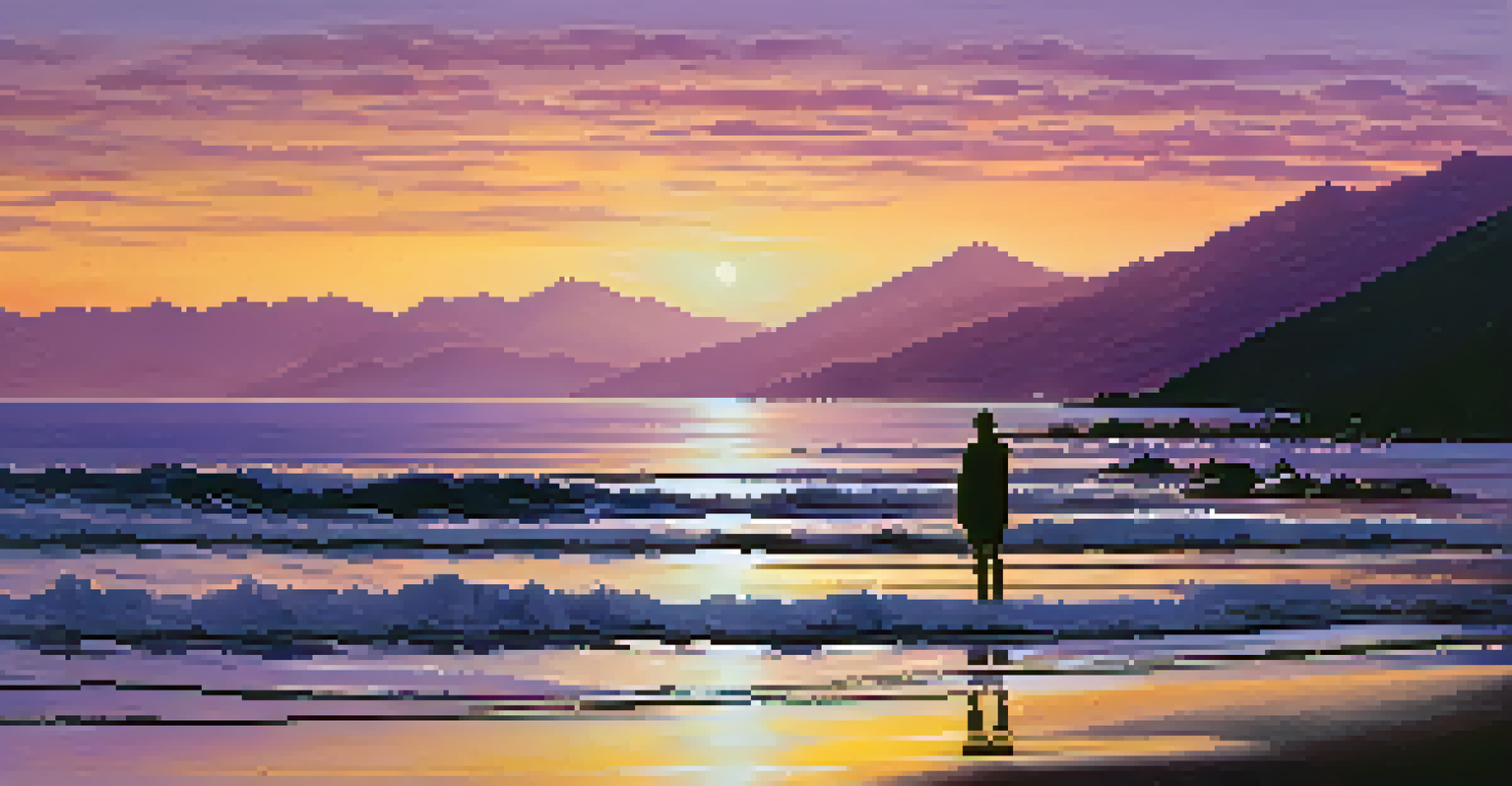 A calm beach during sunset with vibrant colors in the sky and a person standing by the water's edge.