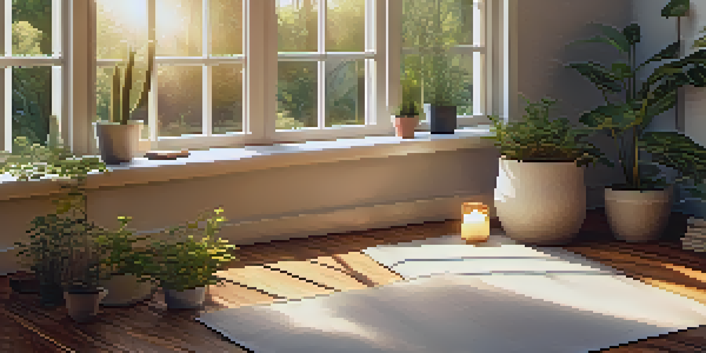 A peaceful meditation space with a cushion, plants, and sunlight pouring through a window.