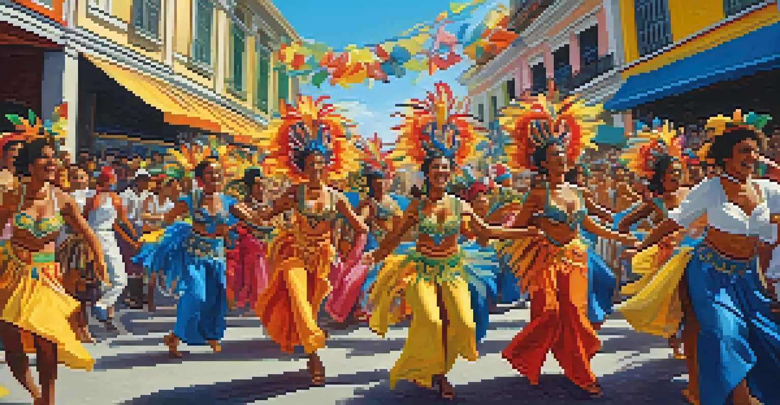 Dancers in colorful costumes performing samba during the Brazilian Carnival on a lively street.