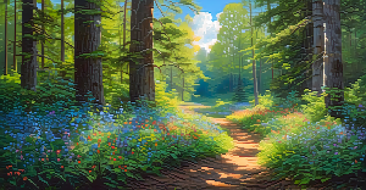 A colorful forest path lined with wildflowers under a bright blue sky, with sunlight filtering through the trees.