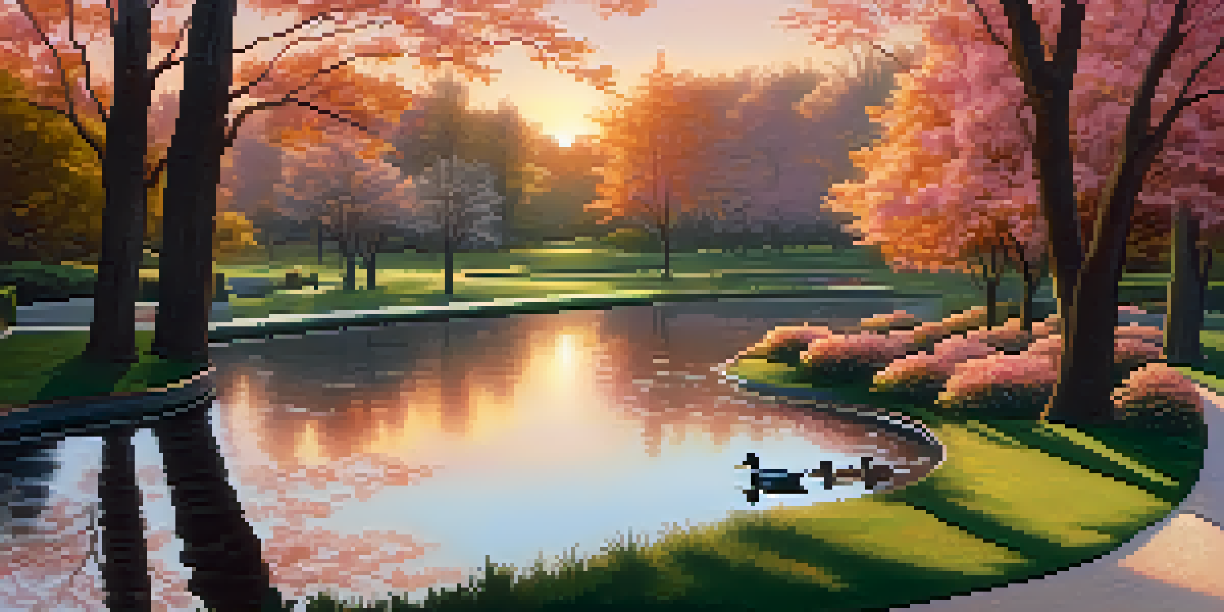 A peaceful park with a winding path, blooming flowers, tall trees, and a sunset sky reflected in a pond.