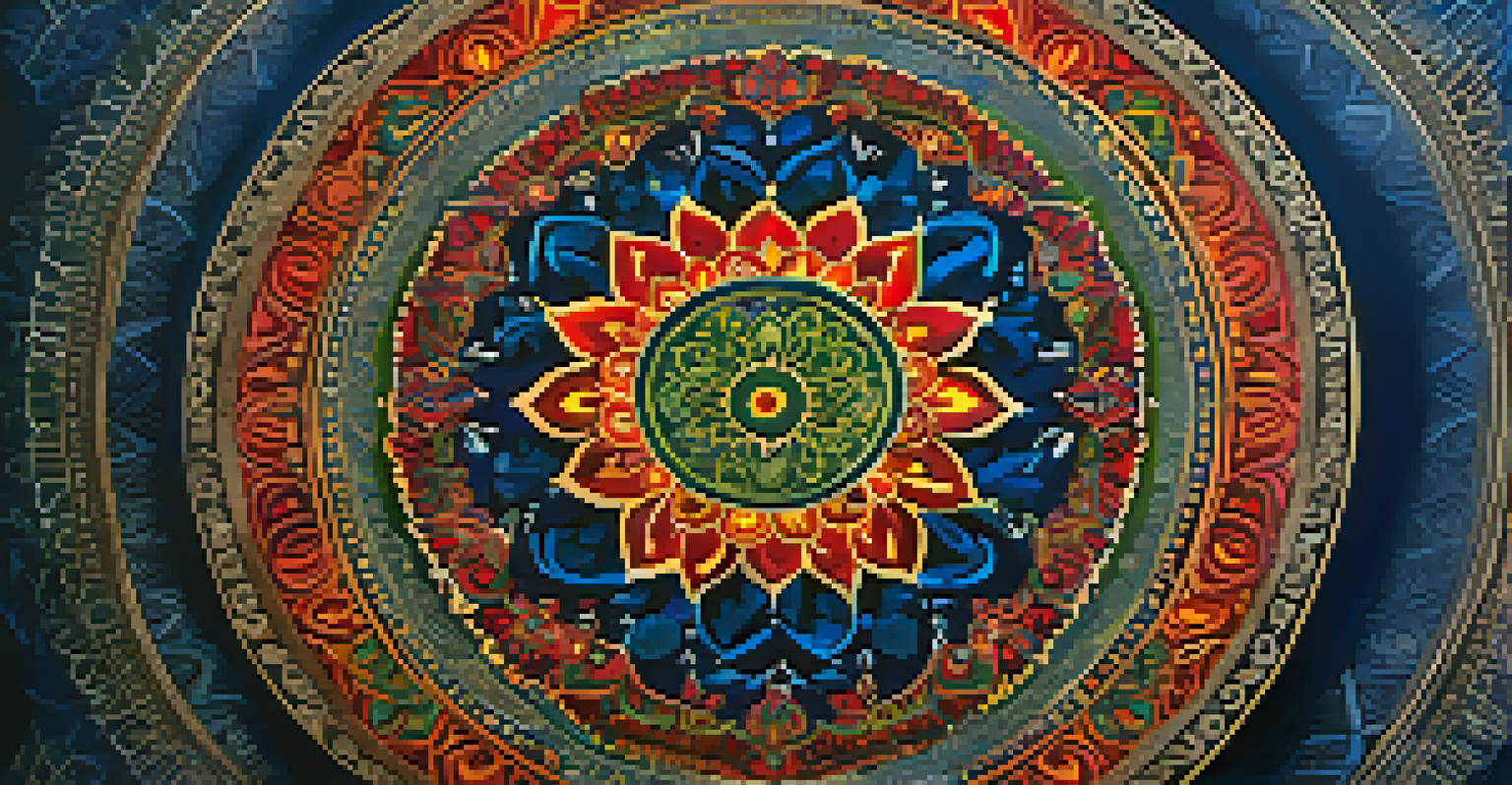 A colorful mandala with intricate patterns on a deep blue background, illuminated softly to enhance its texture and details.