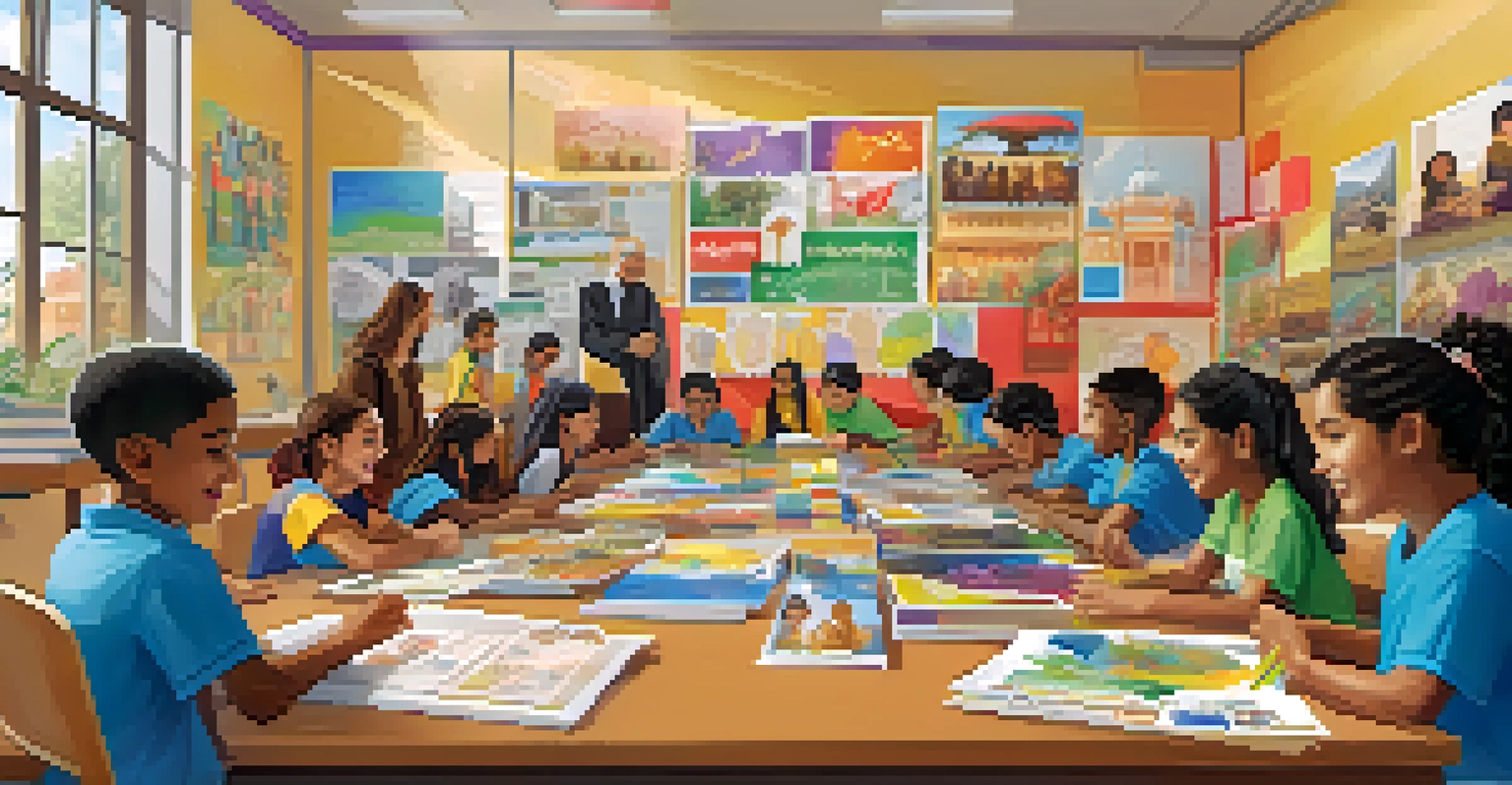 Students of various ethnicities collaborating in a classroom workshop dedicated to interfaith dialogue, surrounded by educational materials and colorful posters.