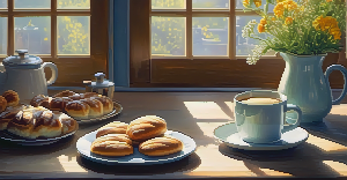 A cozy kitchen filled with morning sunlight, a steaming cup of coffee, fresh pastries, and a vase of wildflowers on a wooden table.