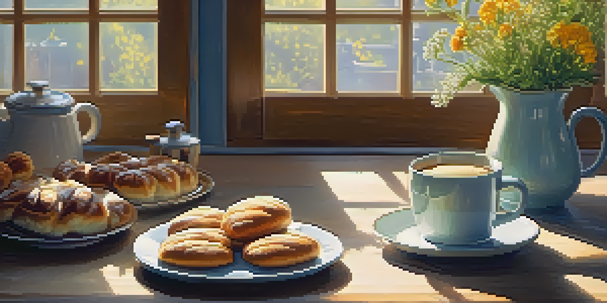 A cozy kitchen filled with morning sunlight, a steaming cup of coffee, fresh pastries, and a vase of wildflowers on a wooden table.