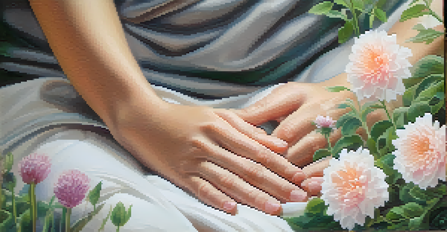 Close-up of a person's hands in a meditative gesture against a soft, blurred nature background.