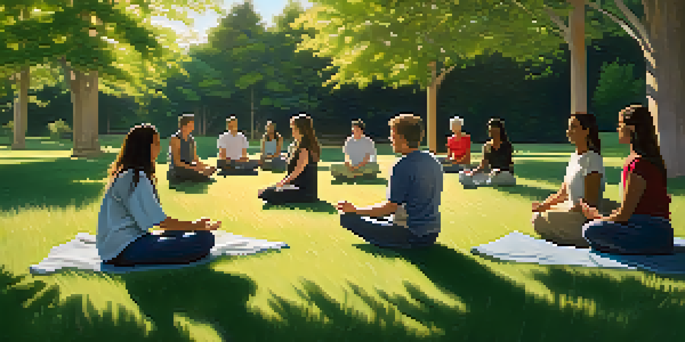 A diverse group of people sitting in a circle, practicing mindfulness meditation in a tranquil outdoor environment with sunlight filtering through trees.