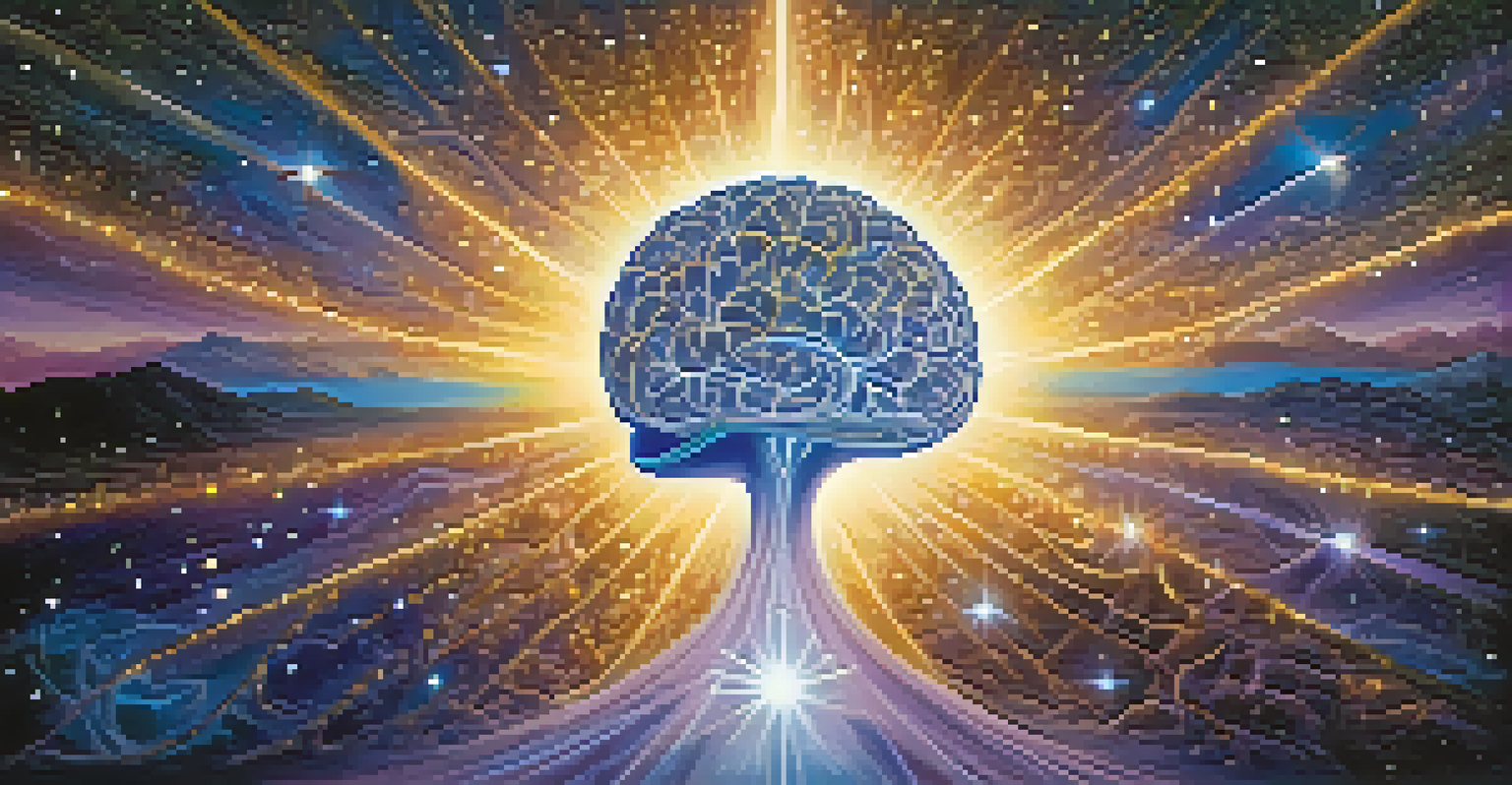 An abstract image of a glowing brain intertwined with stars and galaxies, symbolizing the connection between spirituality and science.