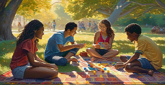 A diverse group of friends sitting under a tree, playing a board game on a picnic blanket, with sunlight filtering through the leaves.