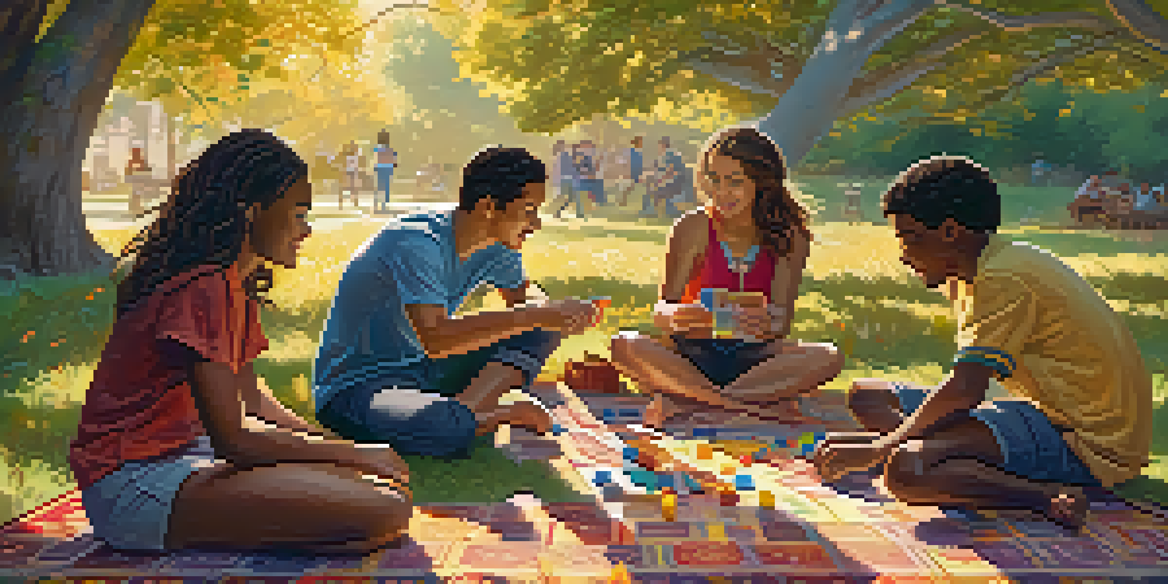 A diverse group of friends sitting under a tree, playing a board game on a picnic blanket, with sunlight filtering through the leaves.