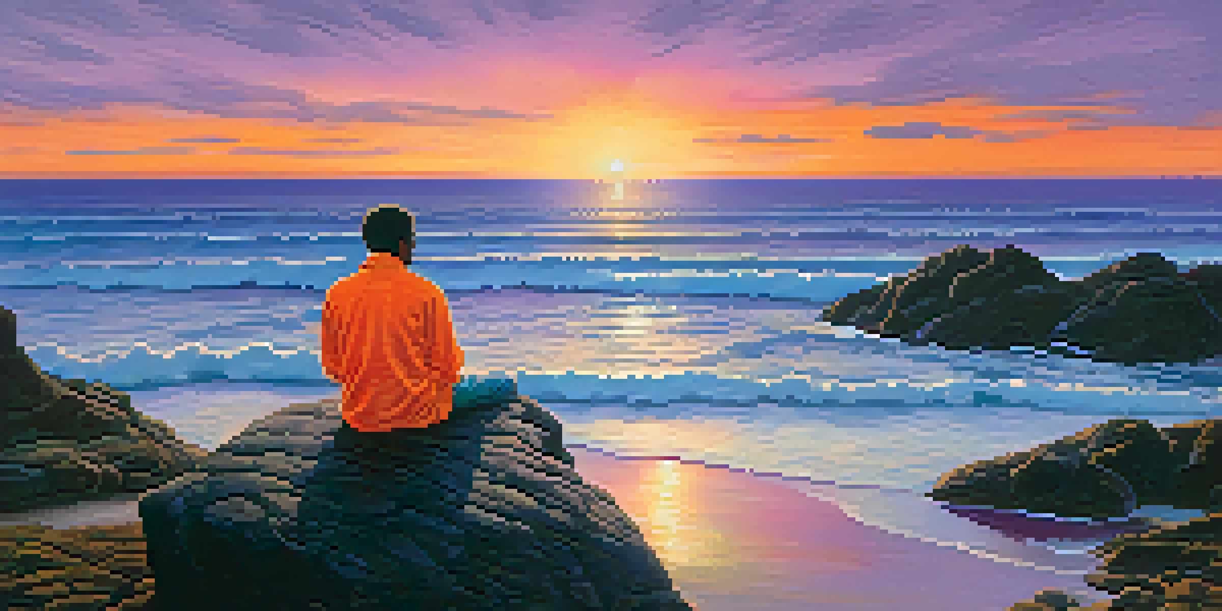A person meditating on a rocky outcrop with a sunset over a calm sea, surrounded by vibrant colors in the sky.