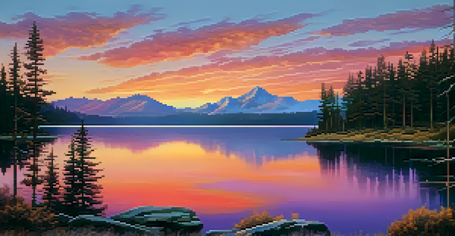 A beautiful mountain landscape at dusk with a colorful sky and a reflective lake.