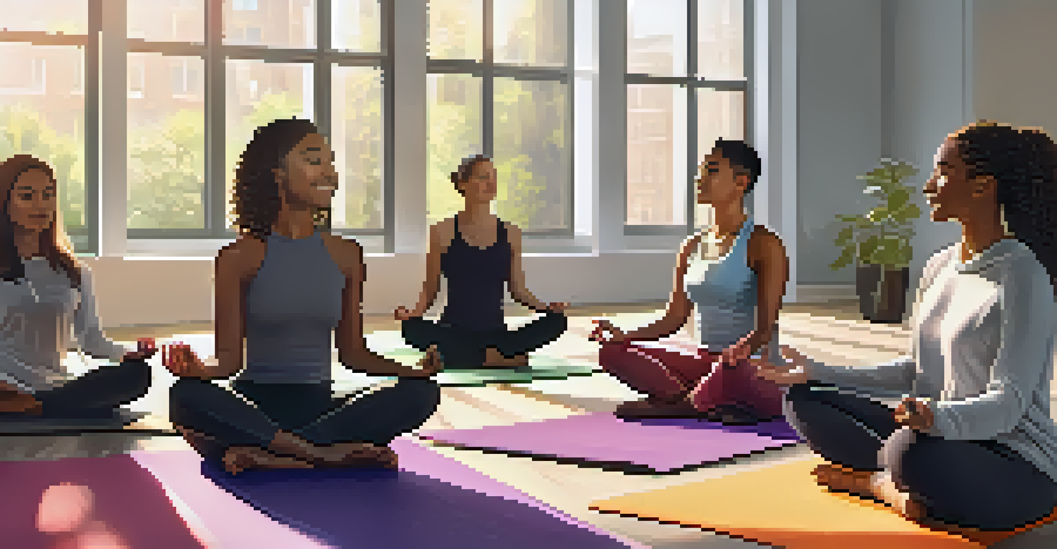 Employees practicing mindfulness meditation together in a bright office environment.