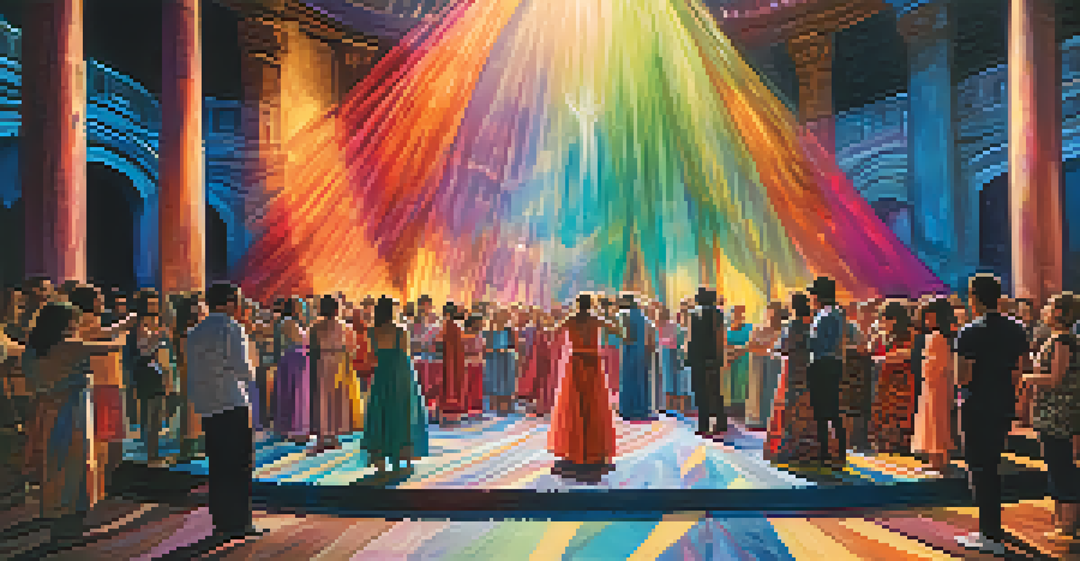 An immersive theater scene featuring audience interaction with performers in a colorful, dreamlike atmosphere representing a spiritual journey.