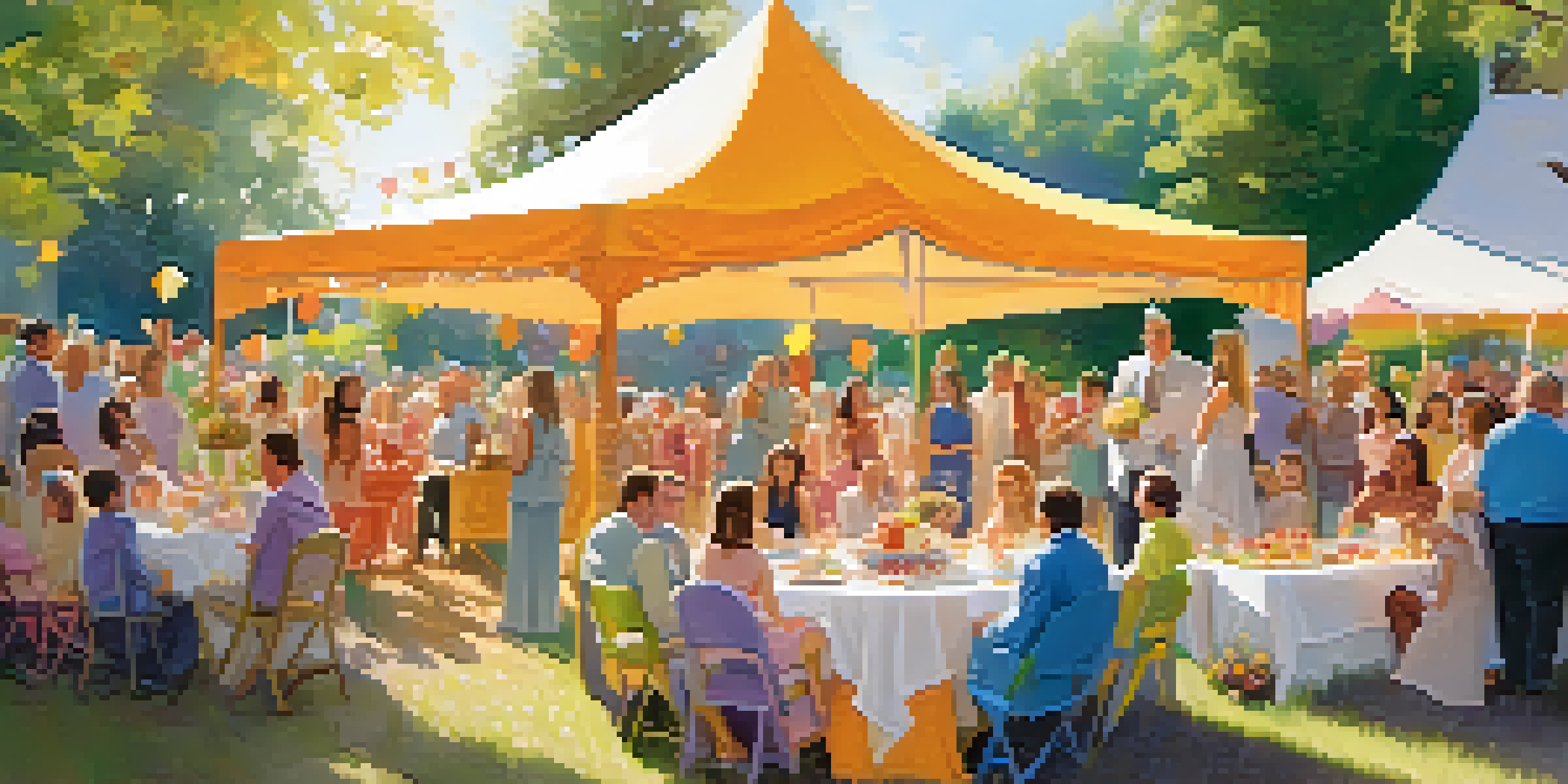 A lively outdoor baby naming ceremony with family and friends celebrating around a decorated table.