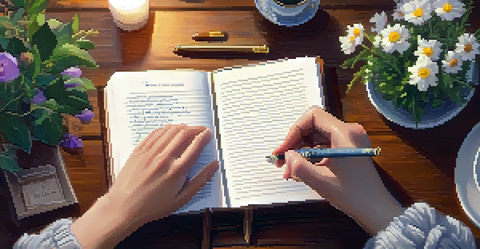 A close-up of hands writing in a gratitude journal next to a cup of tea and flowers, creating a cozy atmosphere.
