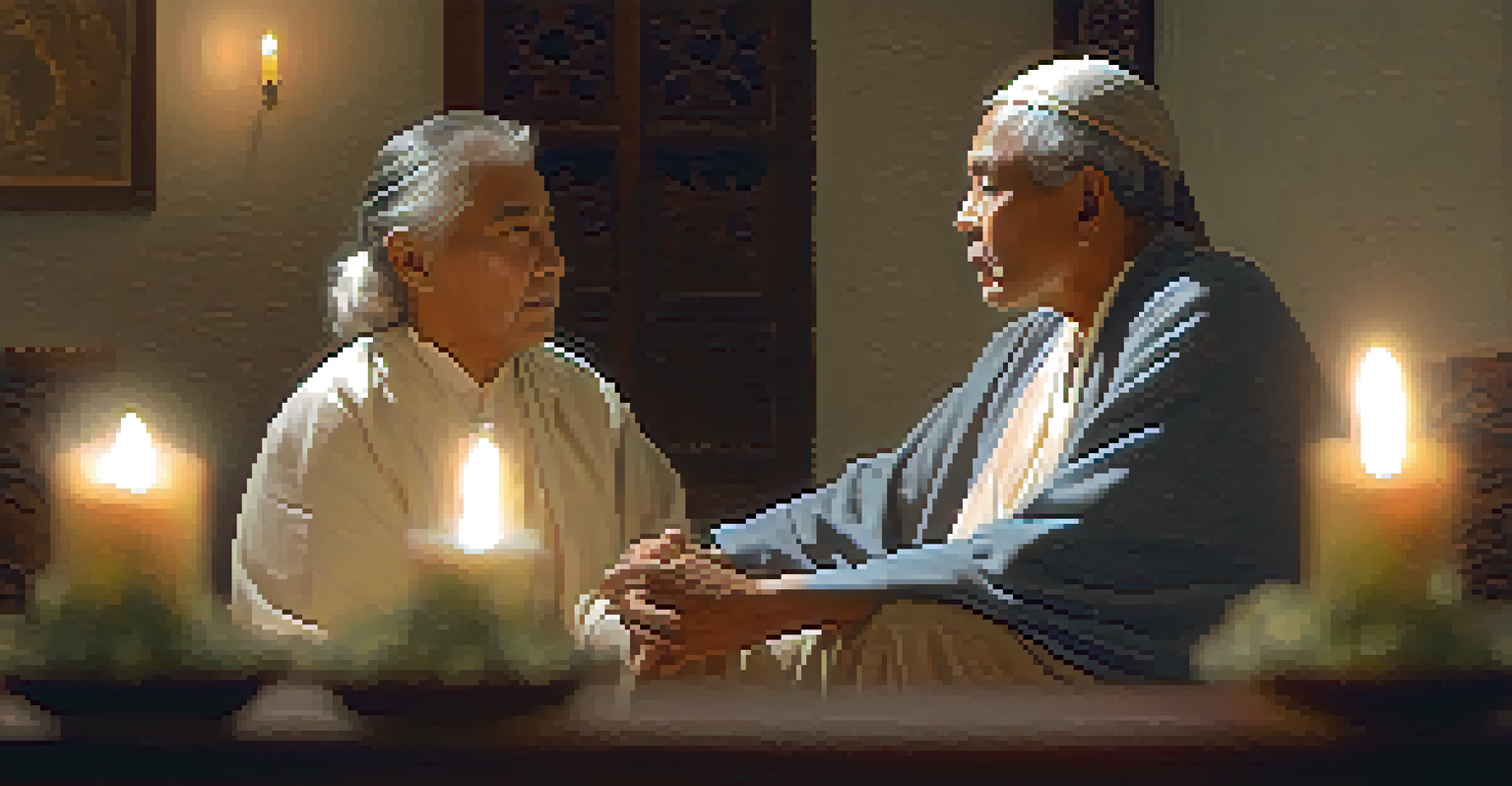 A spiritual leader listening attentively to a follower in a warmly lit room filled with candles.