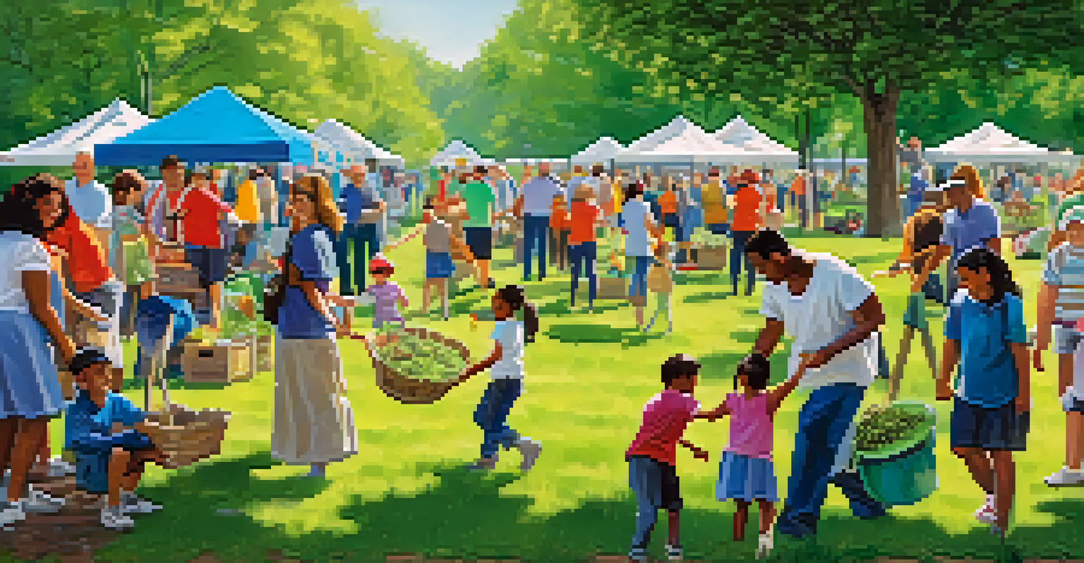 Families participating in a community service event, engaging in activities like planting trees and preparing meals on a sunny day.