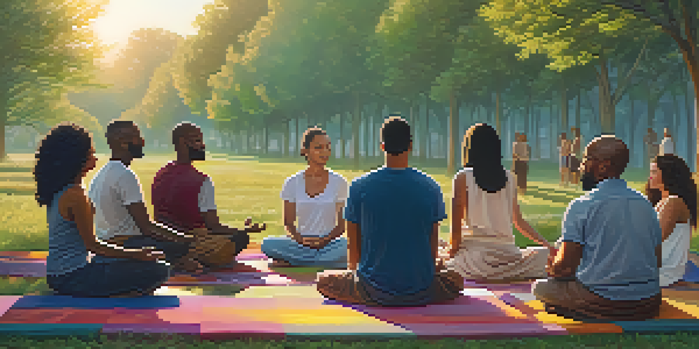 A diverse group of individuals meditating together outdoors during sunset, surrounded by greenery.