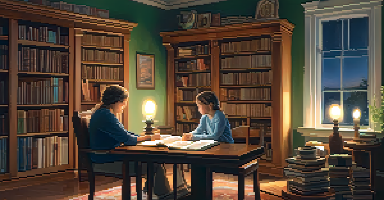 A parent and child discussing religious values at home, surrounded by books in a cozy, warmly lit room.