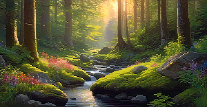 A person meditating in a peaceful forest, surrounded by colorful wildflowers and sunlight filtering through the leaves.