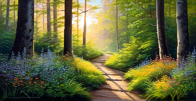 A peaceful forest scene at sunrise with soft golden light and a winding path surrounded by greenery and wildflowers.