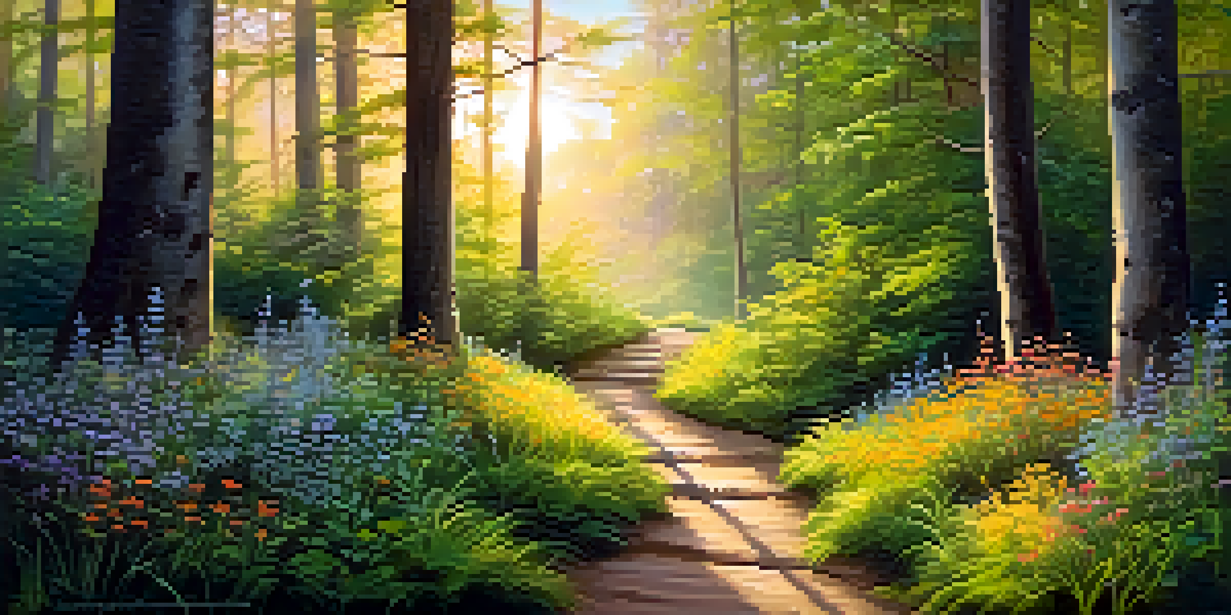 A peaceful forest scene at sunrise with soft golden light and a winding path surrounded by greenery and wildflowers.