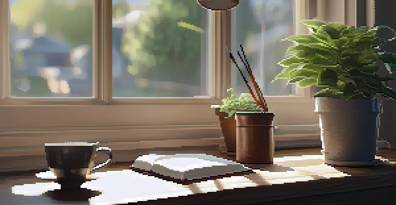 A warm workspace with a wooden desk, an open journal, a cup of tea, and a plant, illuminated by soft natural light.