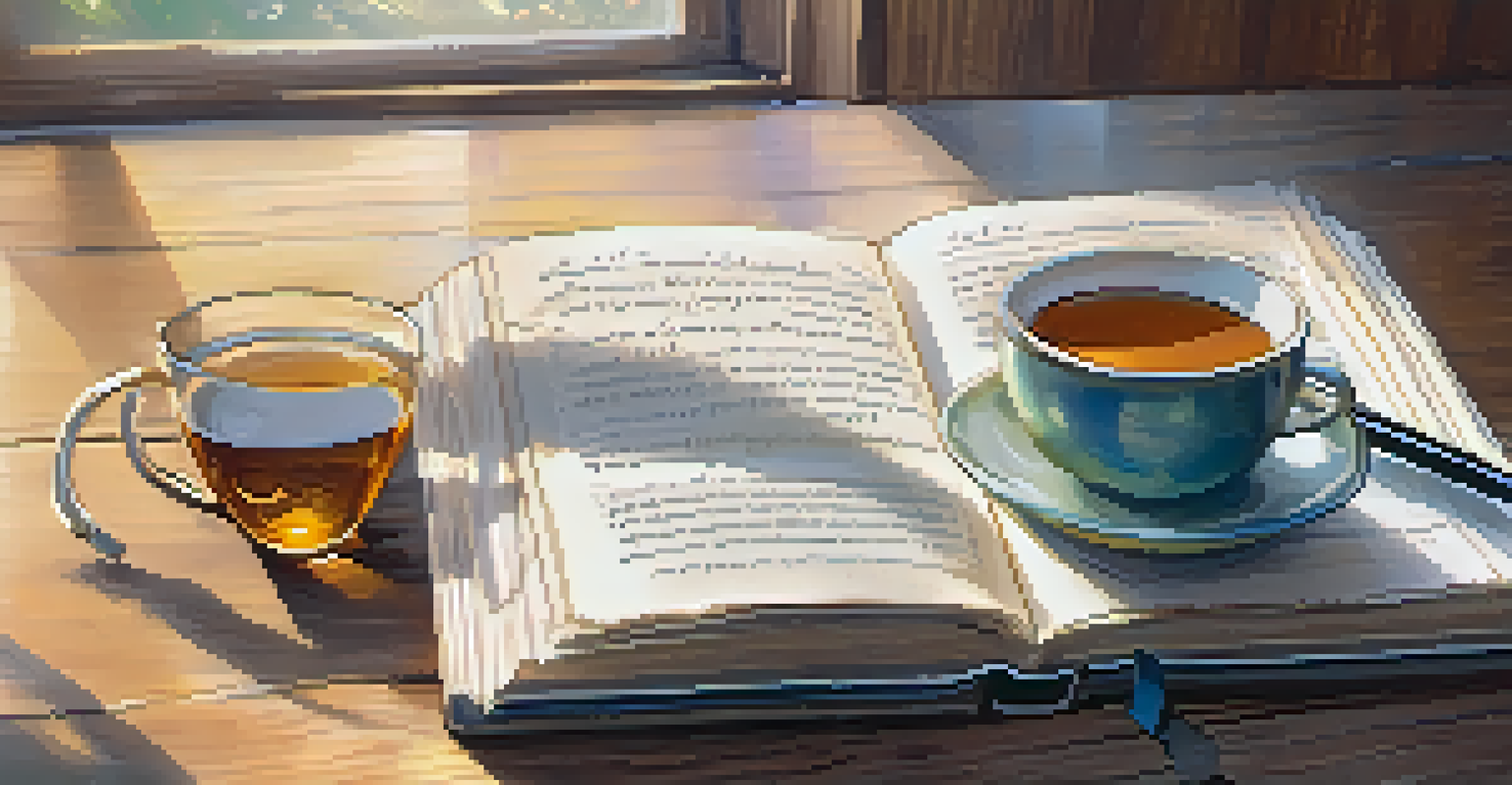 An open journal with handwritten notes and a pen, next to a cup of tea, in a cozy setting with natural light.