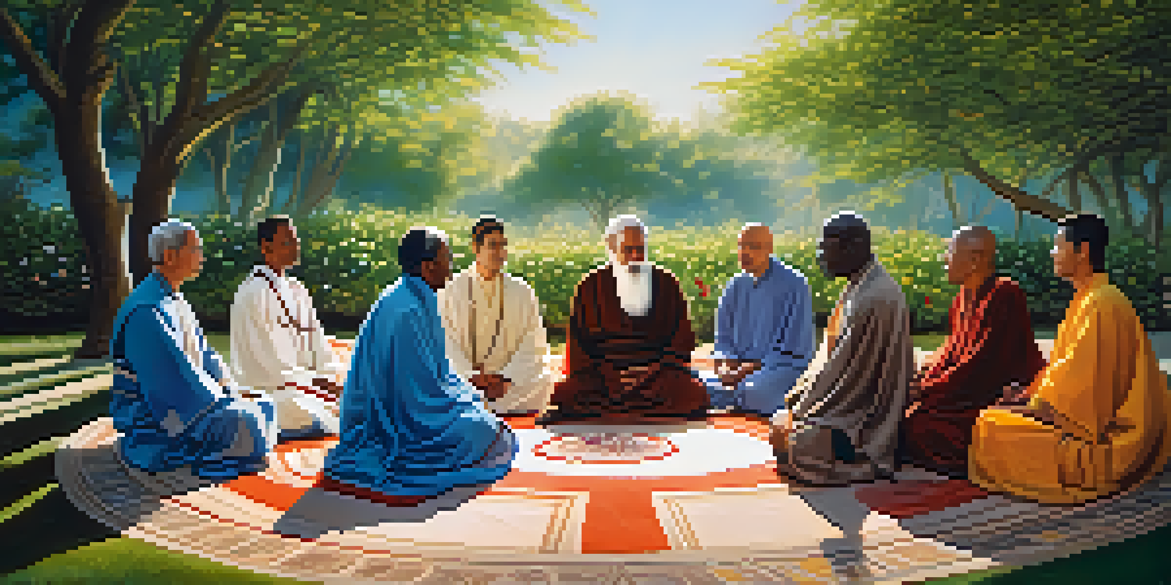 A diverse group of spiritual leaders in traditional robes sitting in a circle under trees, engaged in dialogue in a garden.