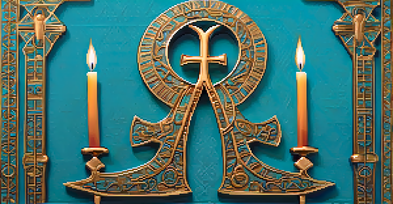 A golden ankh symbol on a textured turquoise fabric surrounded by candles.