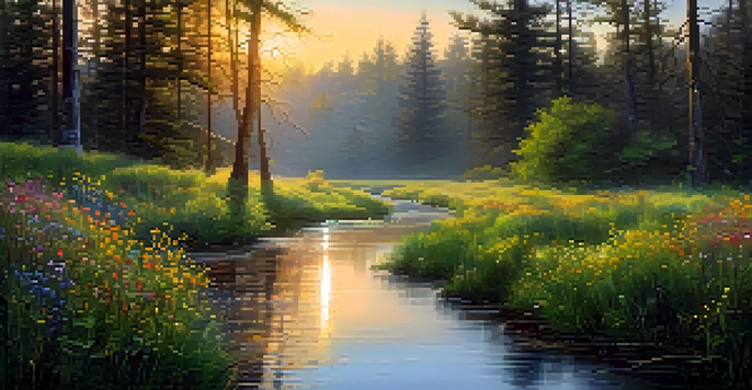 A peaceful forest scene at sunrise, with golden light filtering through trees and a stream reflecting the colors of the sky.