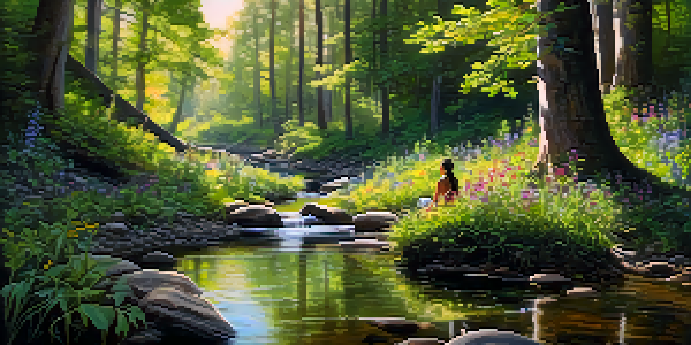 A peaceful forest scene with a person meditating by a stream, sunlight filtering through the leaves.