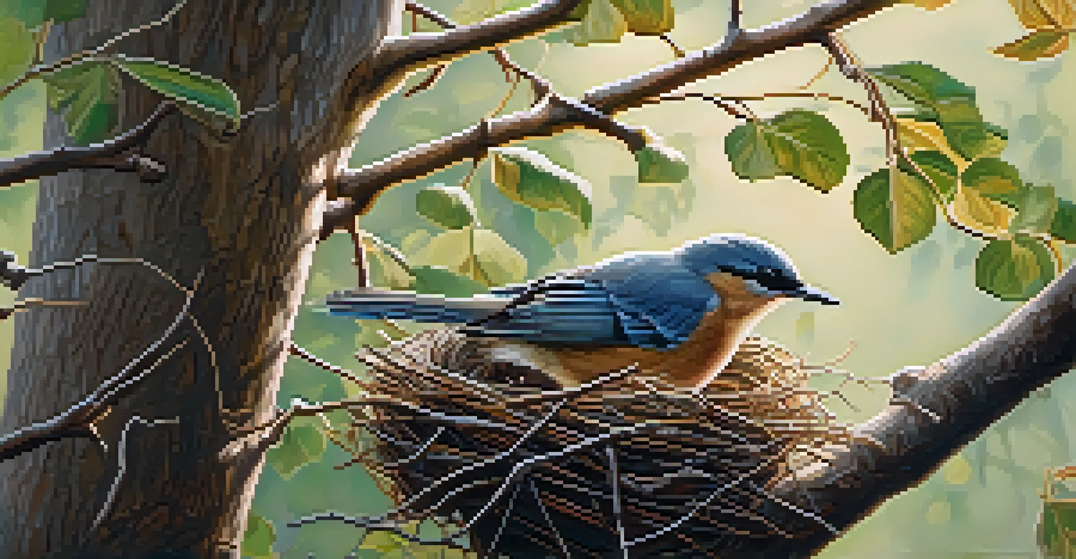 A close-up view of a bird constructing a nest in a tree, showcasing its colorful feathers and the twigs used for nesting.
