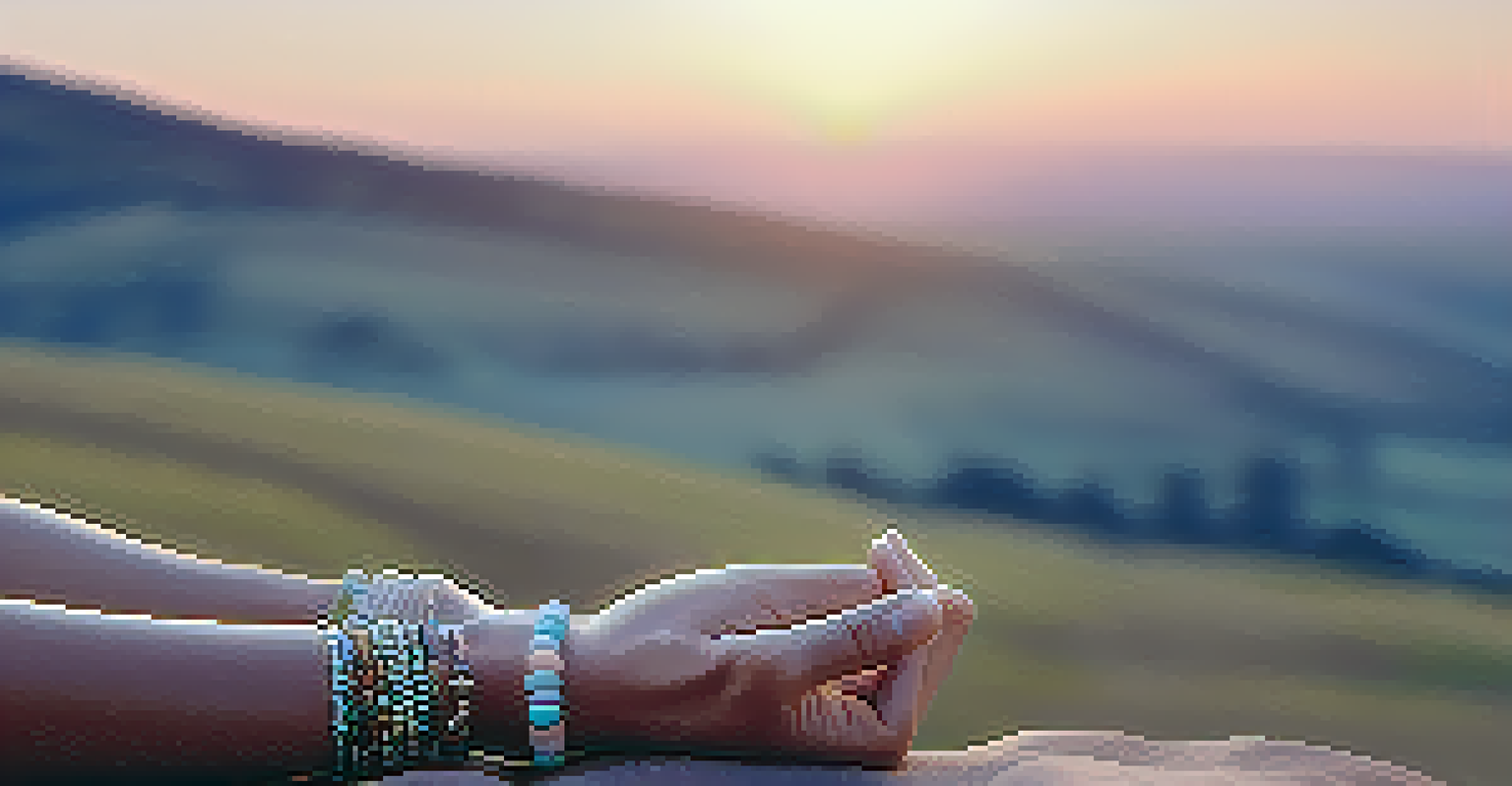 A close-up of a person's hands in a mudra gesture, with a serene landscape in the background, symbolizing mindfulness.