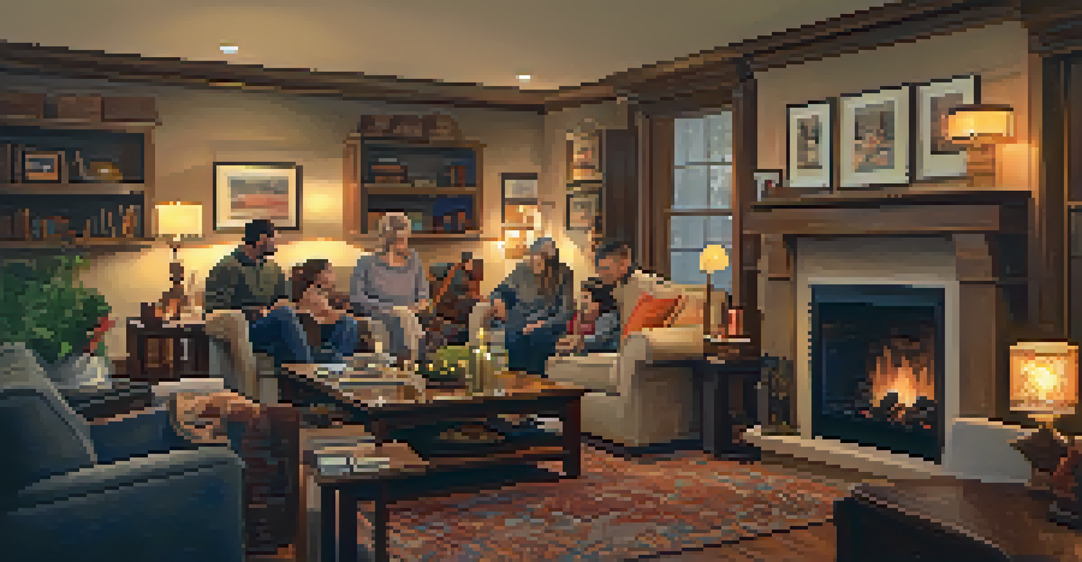 Family members gathered in a cozy living room sharing stories around a fireplace, highlighting warmth and connection.