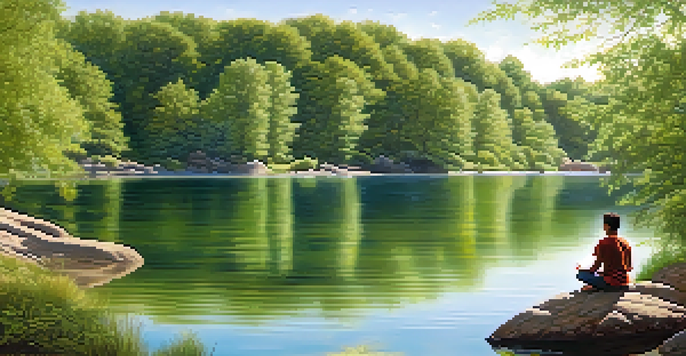 A peaceful lakeside scene with a person meditating on a rock, surrounded by trees and sunlight.