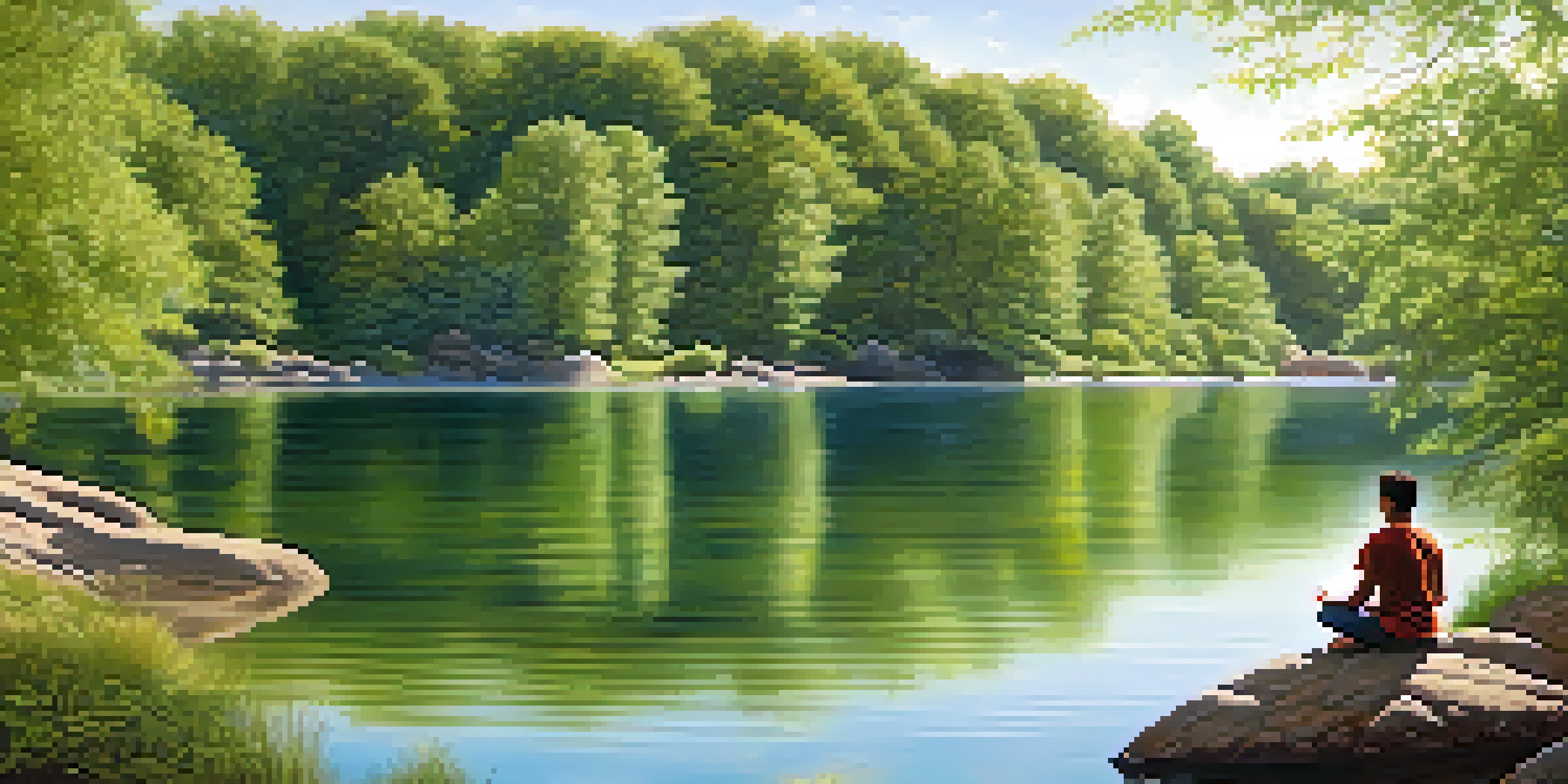 A peaceful lakeside scene with a person meditating on a rock, surrounded by trees and sunlight.