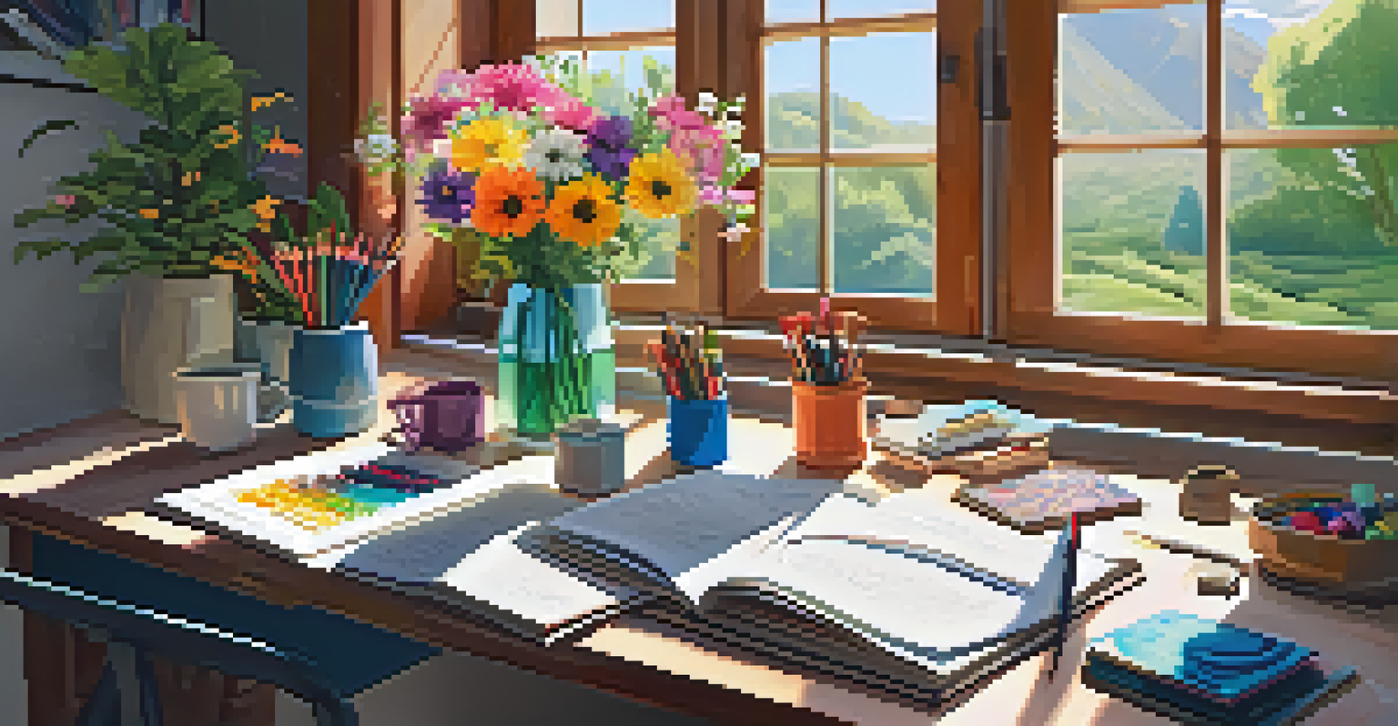 A bright and colorful workspace featuring art supplies, a sketchbook, and fresh flowers, bathed in sunlight.