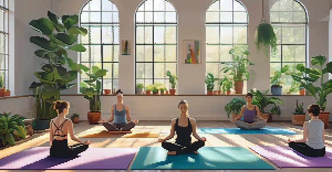 A diverse group of individuals practicing yoga in a bright and tranquil studio with plants and colorful mats.