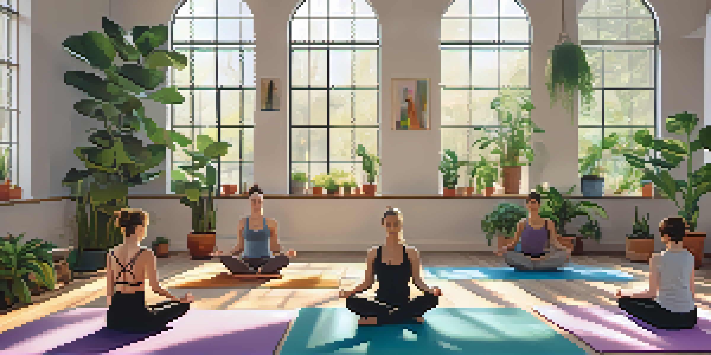 A diverse group of individuals practicing yoga in a bright and tranquil studio with plants and colorful mats.