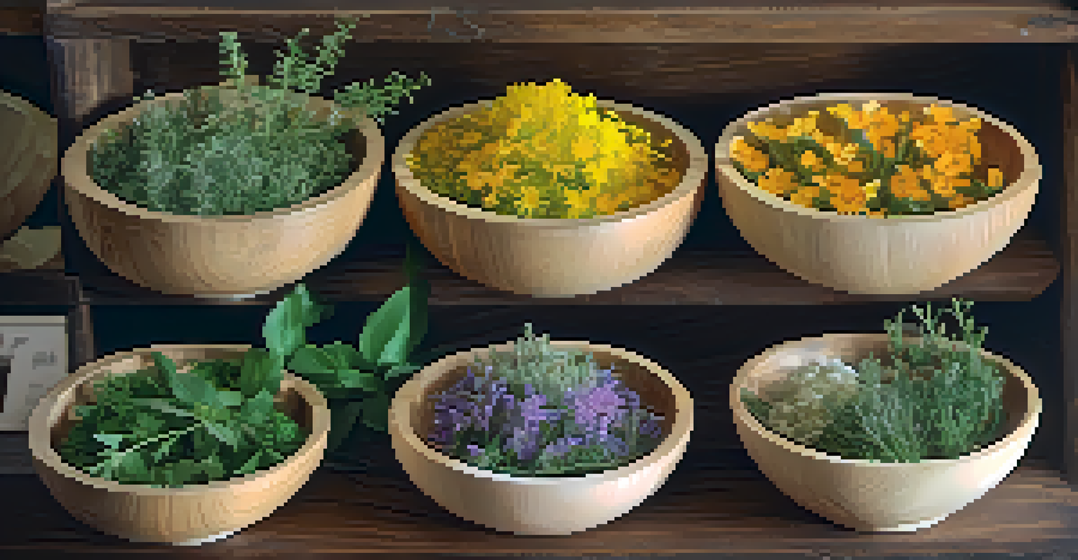 Close-up view of herbal remedies in wooden bowls with colorful herbs and flowers, softly illuminated.