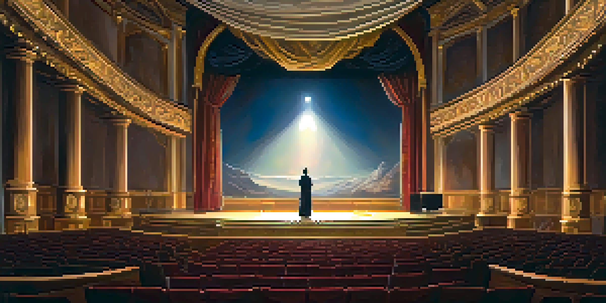 A theater stage with a serene landscape backdrop and an actor symbolizing spiritual awakening, illuminated by warm golden lighting.